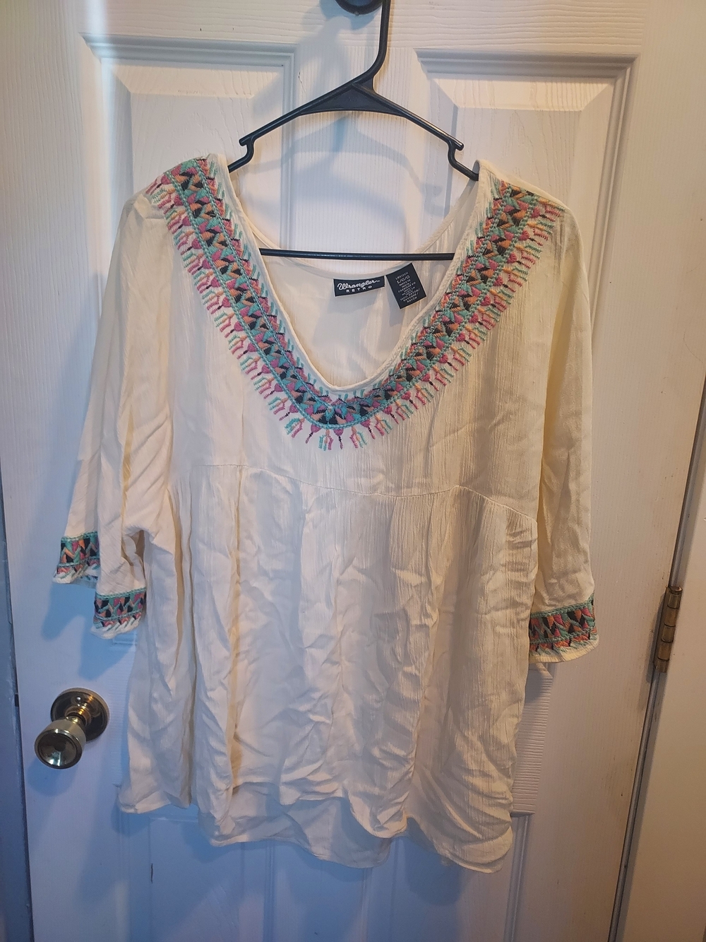 Wrangler Cream Embroidered Flowy V-Neck Peasant Top